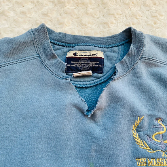 Champion USS Massachusetts Navy Battleship Blue Cutoff Cotton Crew Sweatshirt - Picture 3 of 9